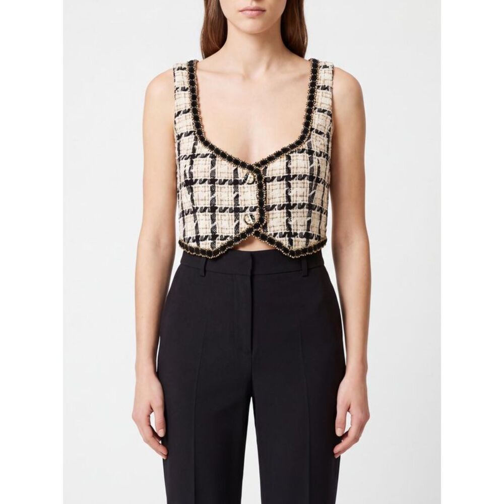 Twinset Women Twinset Cropped V-Neck Top In Check Tweed With Off-Shoulder Design